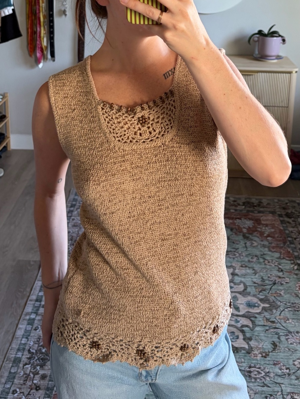 Dressbarn Tan Crochet Knit Beaded Sleeveless Boho Top Large